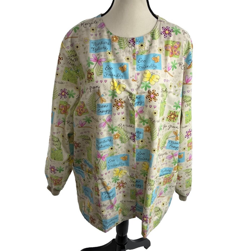 Scrub H.Q. Womens Scrub Top Recycle Nurture Nature Eco Print Long Sleeve L